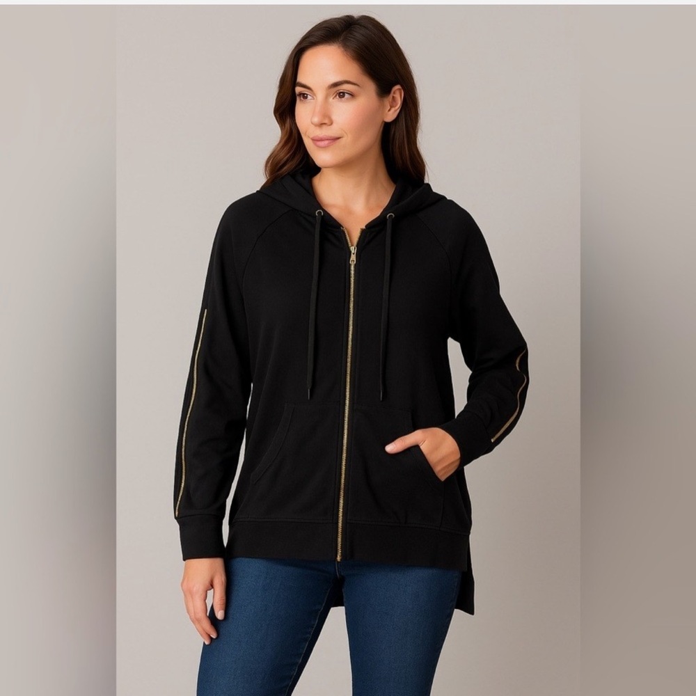 Johnny Was Calme Hoodie Size S Black Stripe Lounge Full Zip Sweatshirt